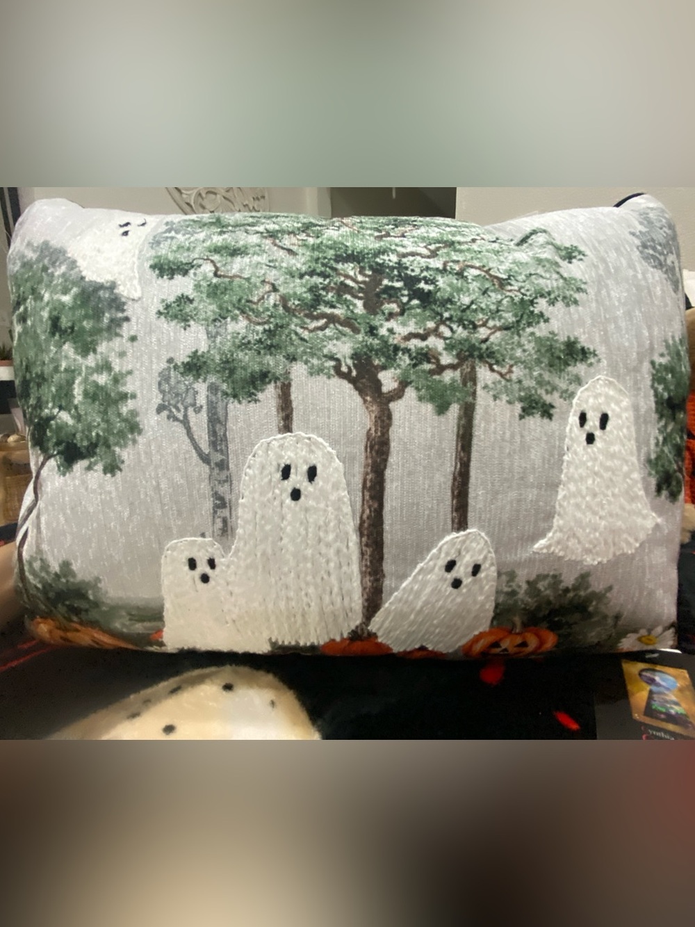 Embroidered Ghosts Decorative Pillow Cover - White & Green